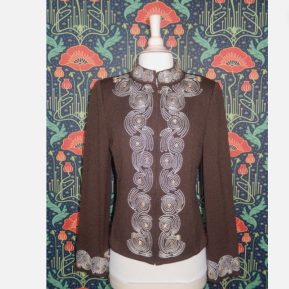St. John Collection Knits Suit Jacket Brown Embroidered Zip Cardigan Sweater 8 - Picture 1 of 7